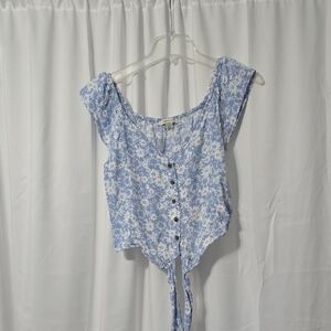 American Eagle Outfitters Blue Floral Cropped Tie Front Off Shoulder Blouse